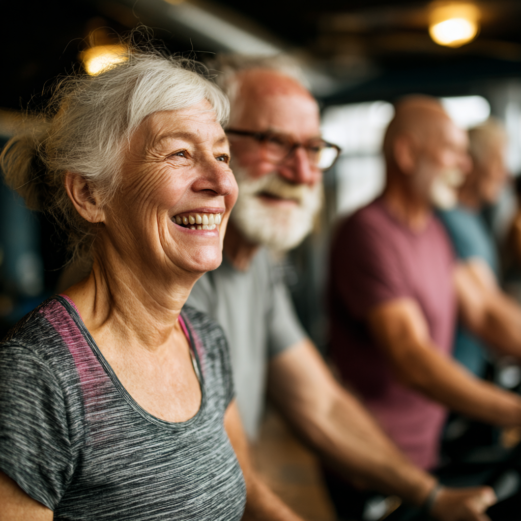 Active mature adults engaging in fitness activities together