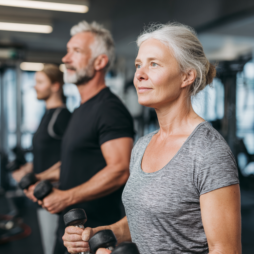 Experienced fitness instructor working with mature adult clients